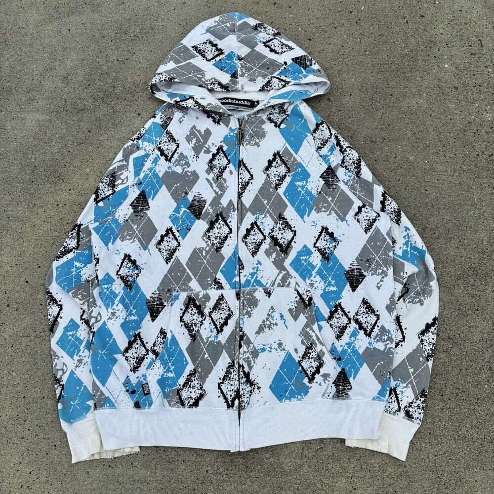 Vintage Y2K Hoodiebuddies Grunge Goth Argyle Diamond Full Zip Hoodie Large